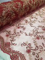 Elegant Burgundy 50" Floral Embroidery Lace in Mesh by Yard