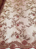 Elegant Burgundy 50" Floral Embroidery Lace in Mesh by Yard