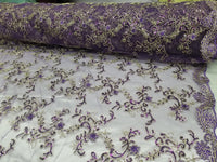 Purple Metallic Flowers Sequins on A Mesh Lace Fabric for Tablecloths, Costumes, Decorations, Runners by the Yard