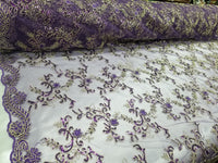 Purple Metallic Flowers Sequins on A Mesh Lace Fabric for Tablecloths, Costumes, Decorations, Runners by the Yard