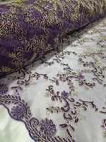 Purple Metallic Flowers Sequins on A Mesh Lace Fabric for Tablecloths, Costumes, Decorations, Runners by the Yard