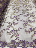 Purple Metallic Flowers Sequins on A Mesh Lace Fabric for Tablecloths, Costumes, Decorations, Runners by the Yard