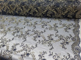 Navy Metallic Flowers Sequins on A Mesh Lace Fabric for Tablecloths, Costumes, Decorations, Runners by the Yard