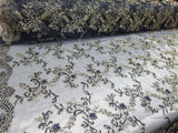 Navy Metallic Flowers Sequins on A Mesh Lace Fabric for Tablecloths, Costumes, Decorations, Runners by the Yard