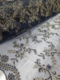 Navy Metallic Flowers Sequins on A Mesh Lace Fabric for Tablecloths, Costumes, Decorations, Runners by the Yard