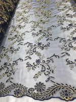 Navy Metallic Flowers Sequins on A Mesh Lace Fabric for Tablecloths, Costumes, Decorations, Runners by the Yard