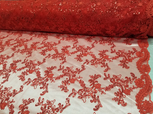 Red Metallic Flowers Sequins on A Mesh Lace Fabric for Tablecloths, Costumes, Decorations, Runners by the Yard