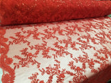 Red Metallic Flowers Sequins on A Mesh Lace Fabric for Tablecloths, Costumes, Decorations, Runners by the Yard