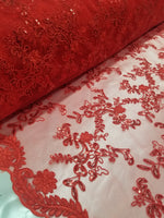 Red Metallic Flowers Sequins on A Mesh Lace Fabric for Tablecloths, Costumes, Decorations, Runners by the Yard