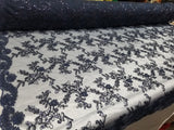 Navy Metallic Flowers Sequins on A Mesh Lace Fabric for Tablecloths, Costumes, Decorations, Runners by the Yard