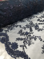 Navy Metallic Flowers Sequins on A Mesh Lace Fabric for Tablecloths, Costumes, Decorations, Runners by the Yard