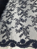 Navy Metallic Flowers Sequins on A Mesh Lace Fabric for Tablecloths, Costumes, Decorations, Runners by the Yard