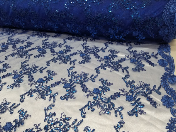 Royal Blue Metallic Flowers Sequins on A Mesh Lace Fabric for Tablecloths, Costumes, Decorations, Runners by the Yard