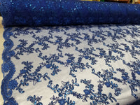 Royal Blue Metallic Flowers Sequins on A Mesh Lace Fabric for Tablecloths, Costumes, Decorations, Runners by the Yard