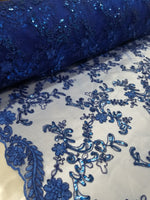 Royal Blue Metallic Flowers Sequins on A Mesh Lace Fabric for Tablecloths, Costumes, Decorations, Runners by the Yard