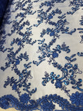 Royal Blue Metallic Flowers Sequins on A Mesh Lace Fabric for Tablecloths, Costumes, Decorations, Runners by the Yard