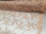 Coral Metallic Flowers Sequins on A Mesh Lace Fabric for Tablecloths, Costumes, Decorations, Runners by the Yard