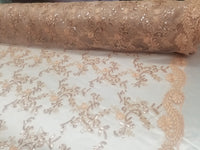 Coral Metallic Flowers Sequins on A Mesh Lace Fabric for Tablecloths, Costumes, Decorations, Runners by the Yard