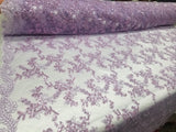 Lavender Metallic Flowers Sequins on A Mesh Lace Fabric for Tablecloths, Costumes, Decorations, Runners by the Yard