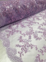 Lavender Metallic Flowers Sequins on A Mesh Lace Fabric for Tablecloths, Costumes, Decorations, Runners by the Yard