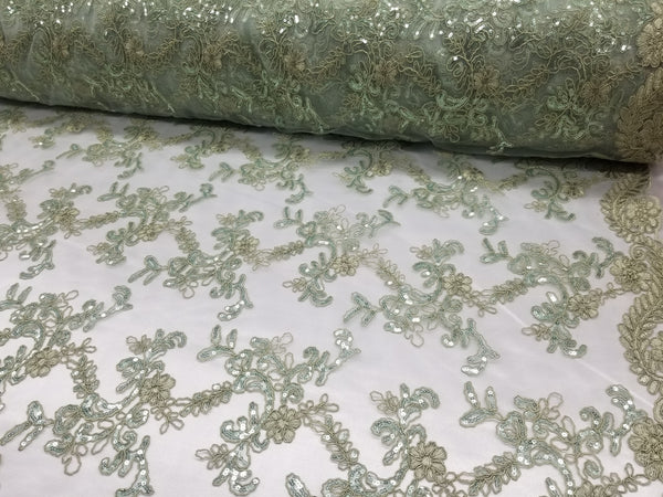 Mint Metallic Flowers Sequins on A Mesh Lace Fabric for Tablecloths, Costumes, Decorations, Runners by the Yard