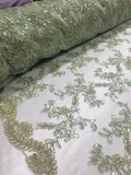 Mint Metallic Flowers Sequins on A Mesh Lace Fabric for Tablecloths, Costumes, Decorations, Runners by the Yard