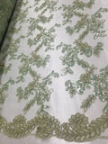 Mint Metallic Flowers Sequins on A Mesh Lace Fabric for Tablecloths, Costumes, Decorations, Runners by the Yard