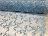 Sky Blue Metallic Flowers Sequins on A Mesh Lace Fabric for Tablecloths, Costumes, Decorations, Runners by the Yard