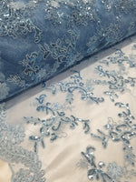 Sky Blue Metallic Flowers Sequins on A Mesh Lace Fabric for Tablecloths, Costumes, Decorations, Runners by the Yard