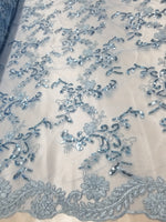 Sky Blue Metallic Flowers Sequins on A Mesh Lace Fabric for Tablecloths, Costumes, Decorations, Runners by the Yard