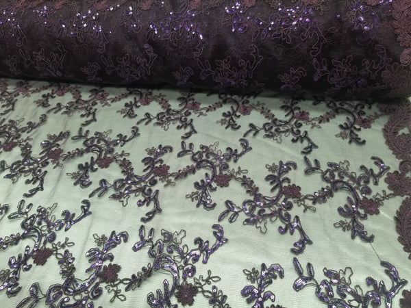 Purple Metallic Flowers Sequins on A Mesh Lace Fabric for Tablecloths, Costumes, Decorations, Runners by the Yard