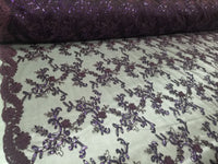 Purple Metallic Flowers Sequins on A Mesh Lace Fabric for Tablecloths, Costumes, Decorations, Runners by the Yard