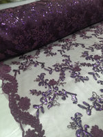 Purple Metallic Flowers Sequins on A Mesh Lace Fabric for Tablecloths, Costumes, Decorations, Runners by the Yard