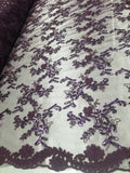 Purple Metallic Flowers Sequins on A Mesh Lace Fabric for Tablecloths, Costumes, Decorations, Runners by the Yard