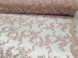 Dusty Rose Metallic Flowers Sequins on A Mesh Lace Fabric for Tablecloths, Costumes, Decorations, Runners by the Yard