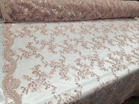 Dusty Rose Metallic Flowers Sequins on A Mesh Lace Fabric for Tablecloths, Costumes, Decorations, Runners by the Yard