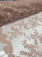 Dusty Rose Metallic Flowers Sequins on A Mesh Lace Fabric for Tablecloths, Costumes, Decorations, Runners by the Yard