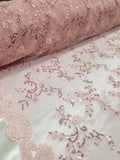 Pink Metallic Flowers Sequins on A Mesh Lace Fabric for Tablecloths, Costumes, Decorations, Runners by the Yard