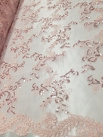 Pink Metallic Flowers Sequins on A Mesh Lace Fabric for Tablecloths, Costumes, Decorations, Runners by the Yard