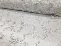 White Metallic Flowers Sequins on A Mesh Lace Fabric for Tablecloths, Costumes, Decorations, Runners by the Yard