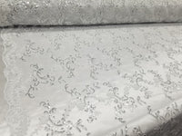 White Metallic Flowers Sequins on A Mesh Lace Fabric for Tablecloths, Costumes, Decorations, Runners by the Yard