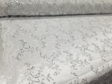 White Metallic Flowers Sequins on A Mesh Lace Fabric for Tablecloths, Costumes, Decorations, Runners by the Yard