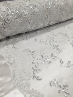 White Metallic Flowers Sequins on A Mesh Lace Fabric for Tablecloths, Costumes, Decorations, Runners by the Yard