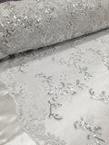 White Metallic Flowers Sequins on A Mesh Lace Fabric for Tablecloths, Costumes, Decorations, Runners by the Yard