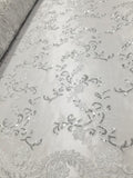 White Metallic Flowers Sequins on A Mesh Lace Fabric for Tablecloths, Costumes, Decorations, Runners by the Yard