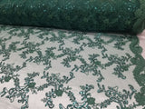 Hunter Green Metallic Flowers Sequins on A Mesh Lace Fabric for Tablecloths, Costumes, Decorations, Runners by the Yard