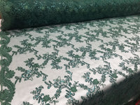 Hunter Green Metallic Flowers Sequins on A Mesh Lace Fabric for Tablecloths, Costumes, Decorations, Runners by the Yard