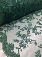 Hunter Green Metallic Flowers Sequins on A Mesh Lace Fabric for Tablecloths, Costumes, Decorations, Runners by the Yard