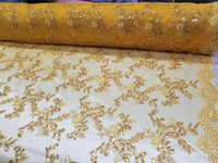 Yellow Gold Metallic Flowers Sequins on A Mesh Lace Fabric for Tablecloths, Costumes, Decorations, Runners by the Yard