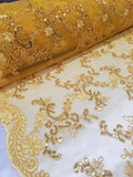 Yellow Gold Metallic Flowers Sequins on A Mesh Lace Fabric for Tablecloths, Costumes, Decorations, Runners by the Yard